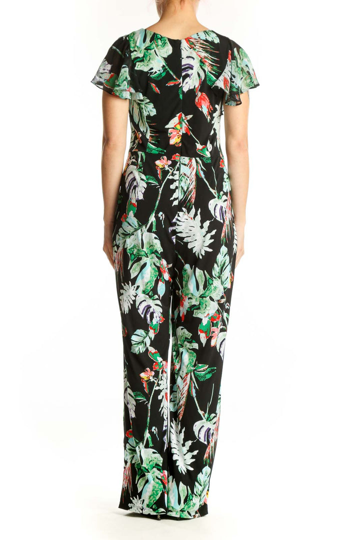 Black floral maxi dress with tropical print and flutter sleeves - back view