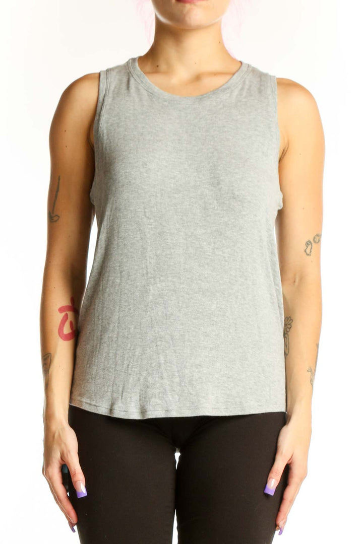 Gray modal spandex sleeveless tank top with crew neckline, front view
