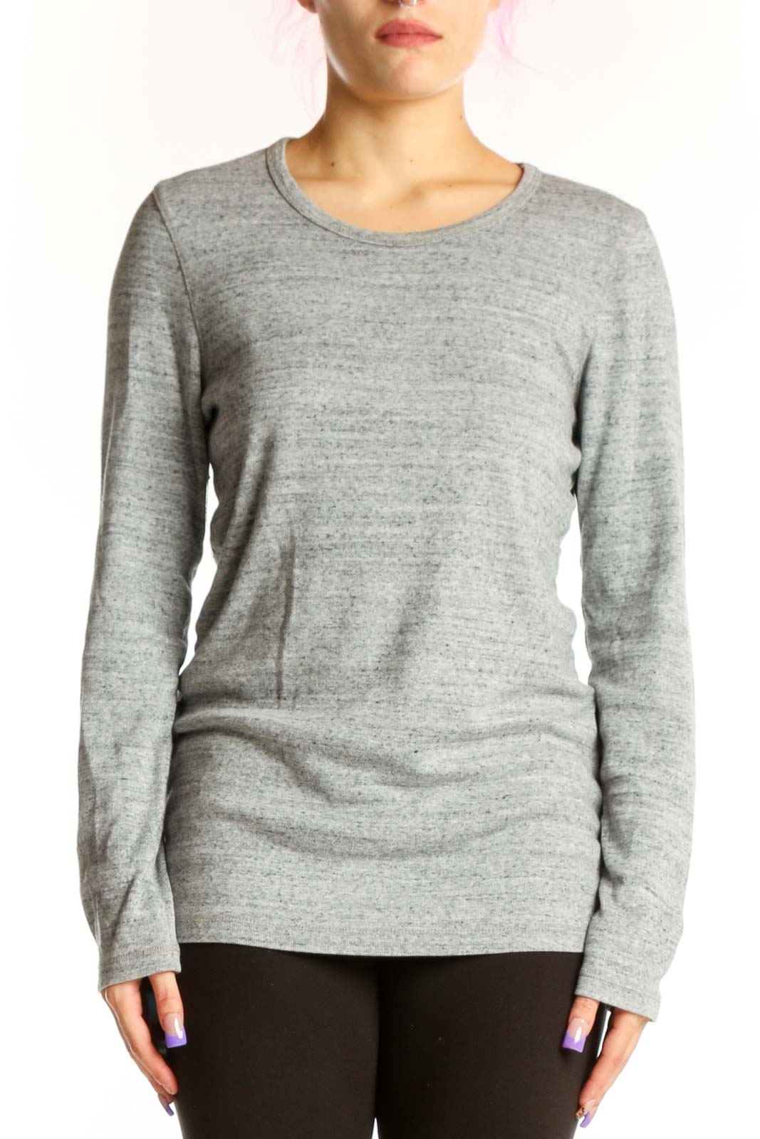 Gray long sleeve crew neck top by Maje with fitted silhouette, front view