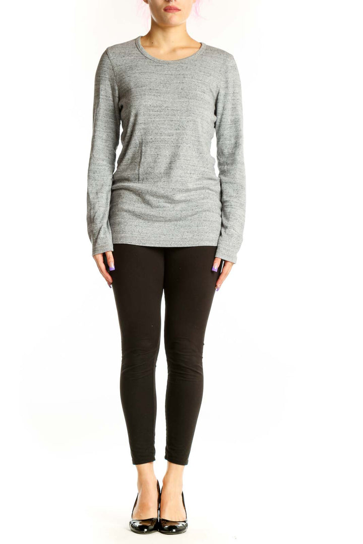 Gray long sleeve crew neck top by Maje with fitted silhouette, front view