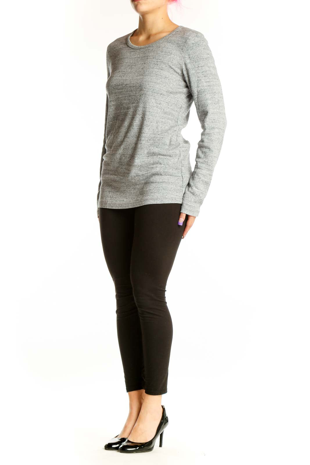 Gray long sleeve crew neck top by Maje with fitted silhouette, front view