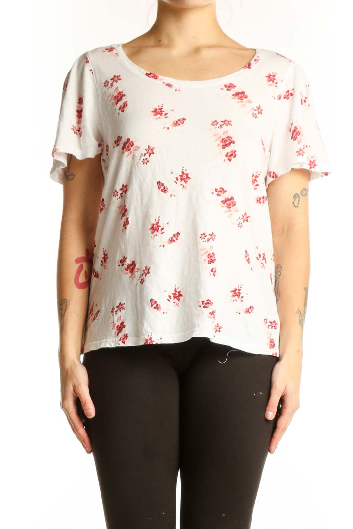 Lucky Brand cream floral short sleeve tee with red scattered print, front view on model