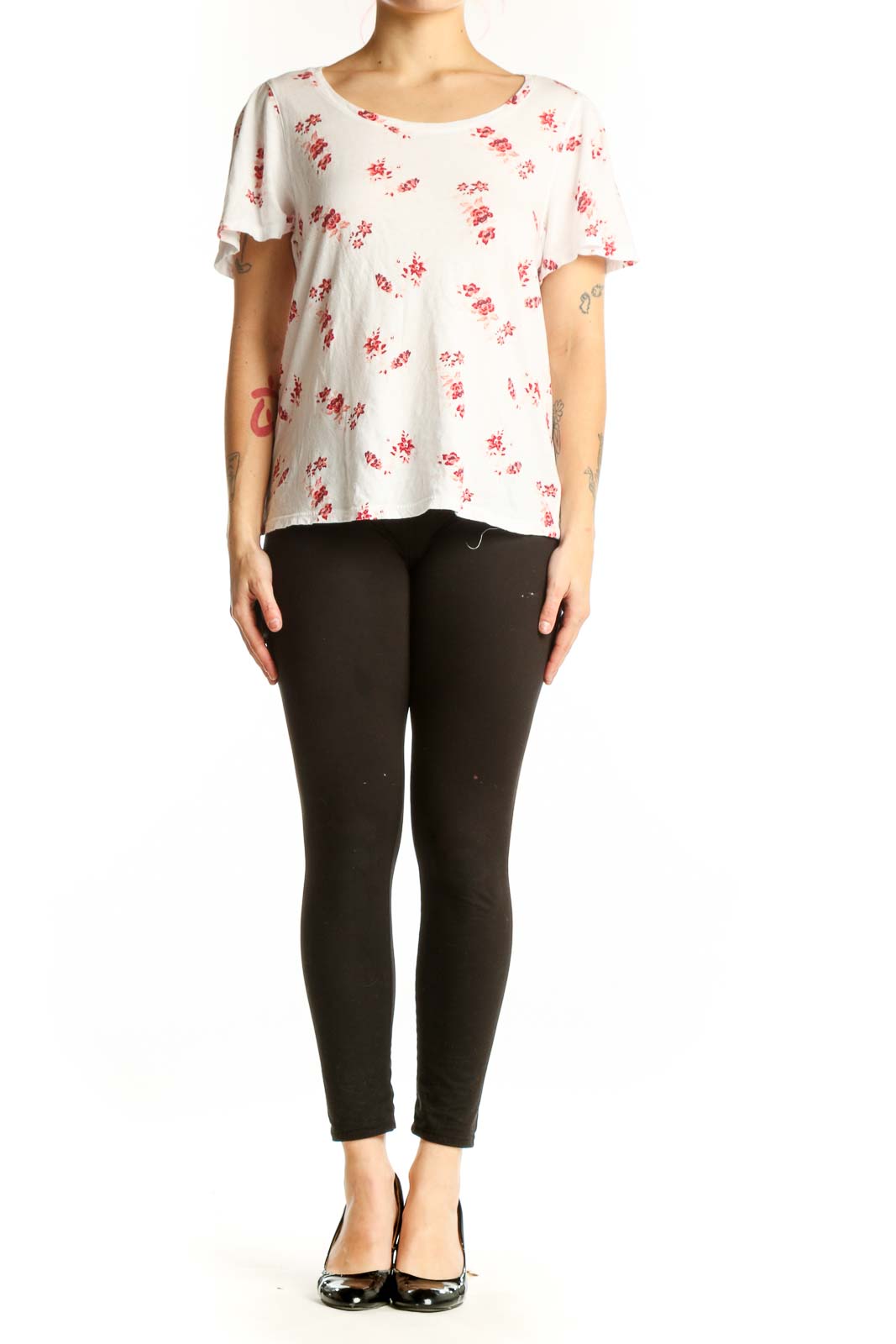 Lucky Brand cream floral short sleeve tee with red scattered print, front view on model