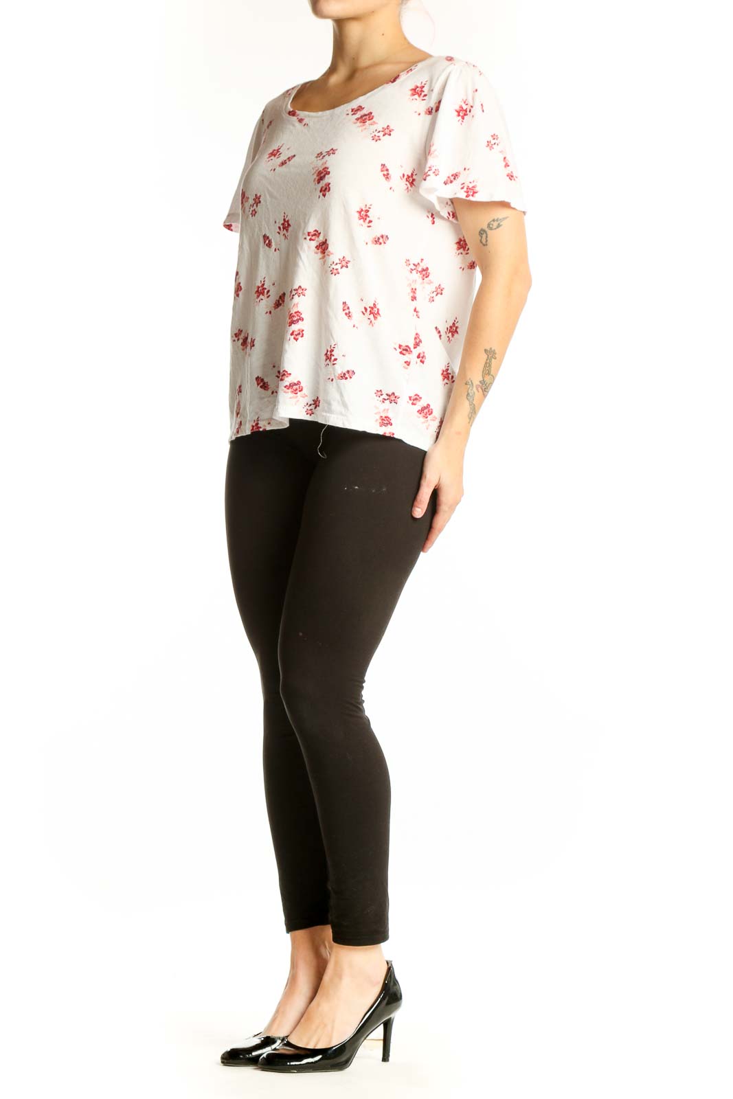 Lucky Brand cream floral short sleeve tee with red scattered print, front view on model