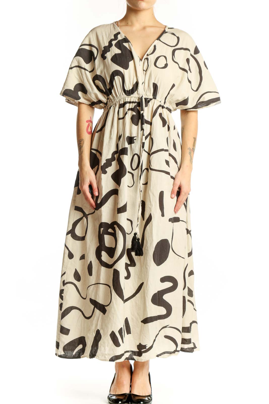 Cream and black abstract print midi dress with V-neckline and flutter sleeves, front view