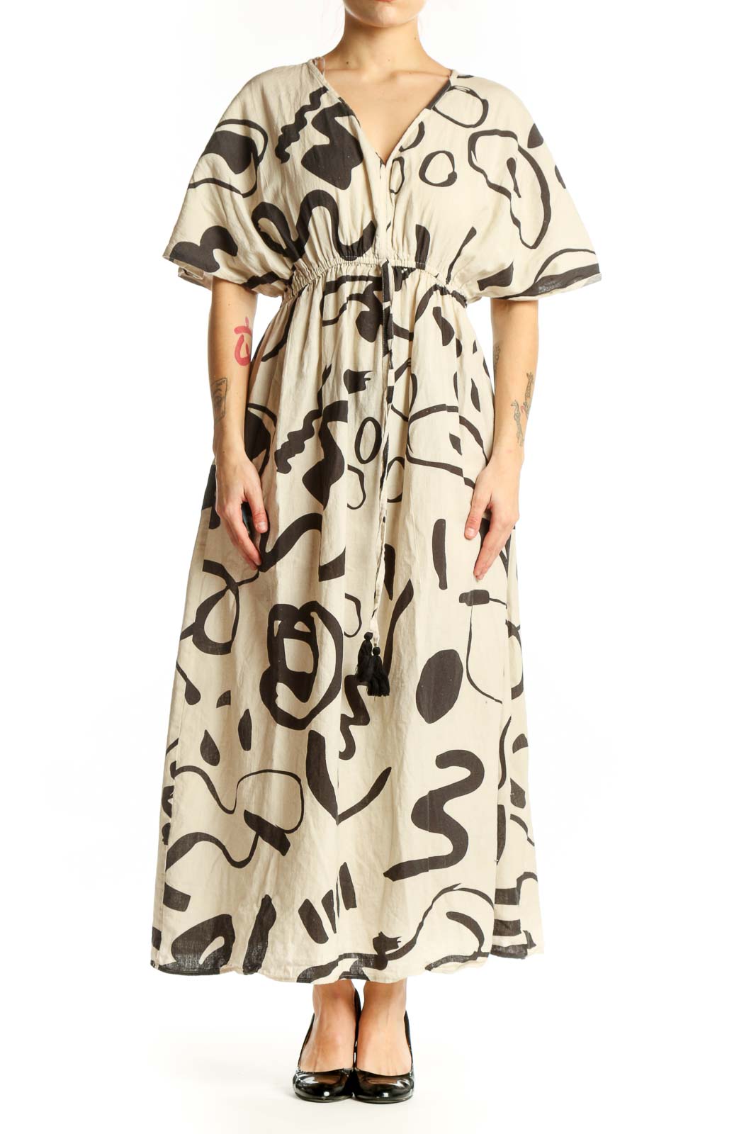 Cream and black abstract print midi dress with V-neckline and flutter sleeves, front view