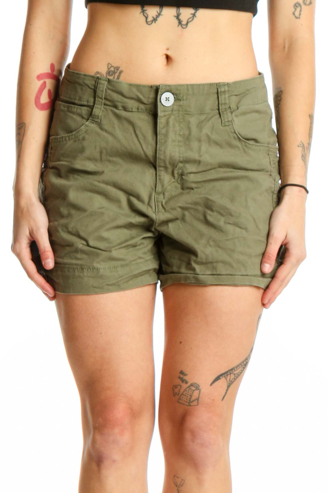 Front view of olive green Lee cotton shorts with 5-pocket design and button fly on model