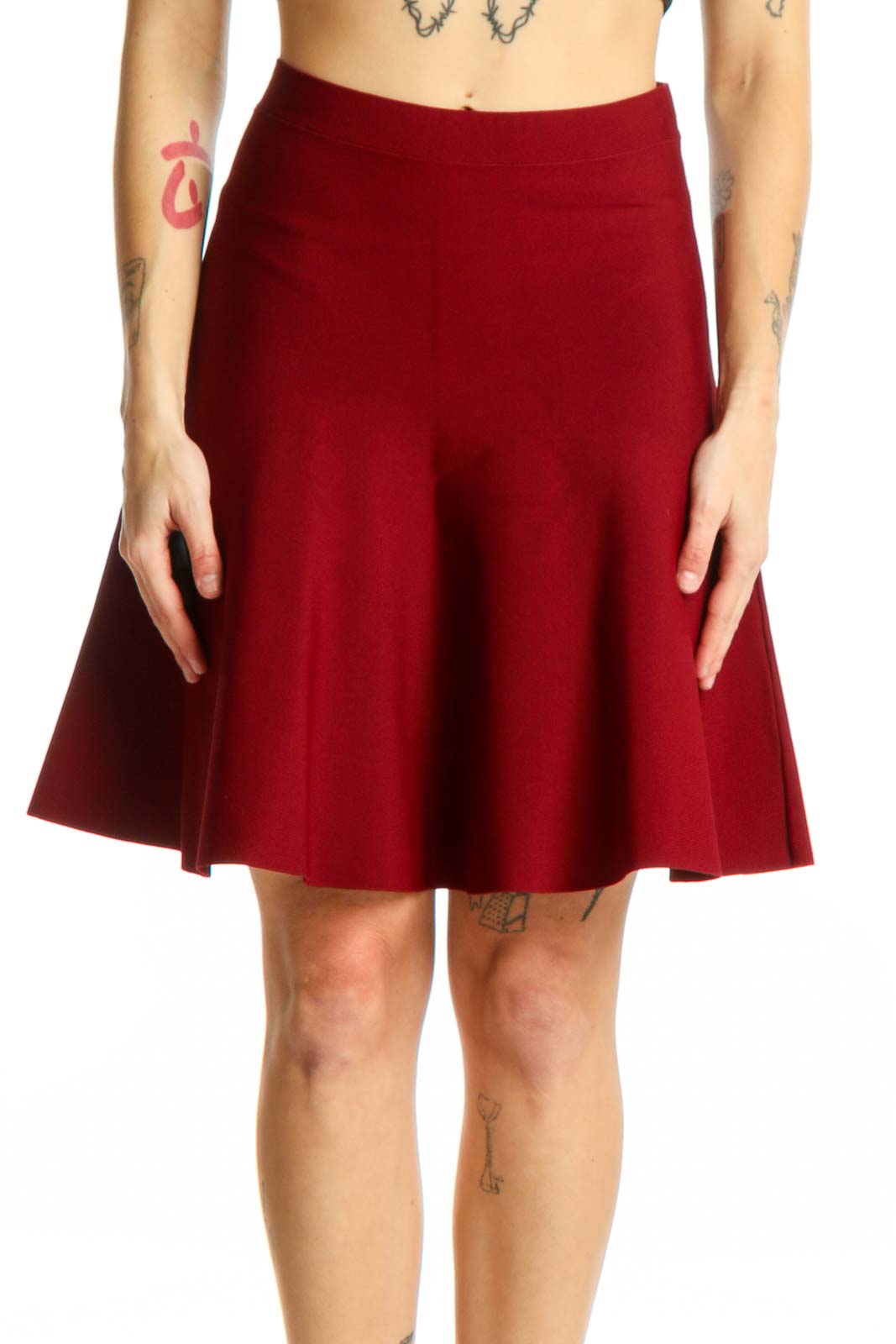 Burgundy A-line flare skirt by BCBG MaxAzria, front view showing flattering silhouette and knee-length design