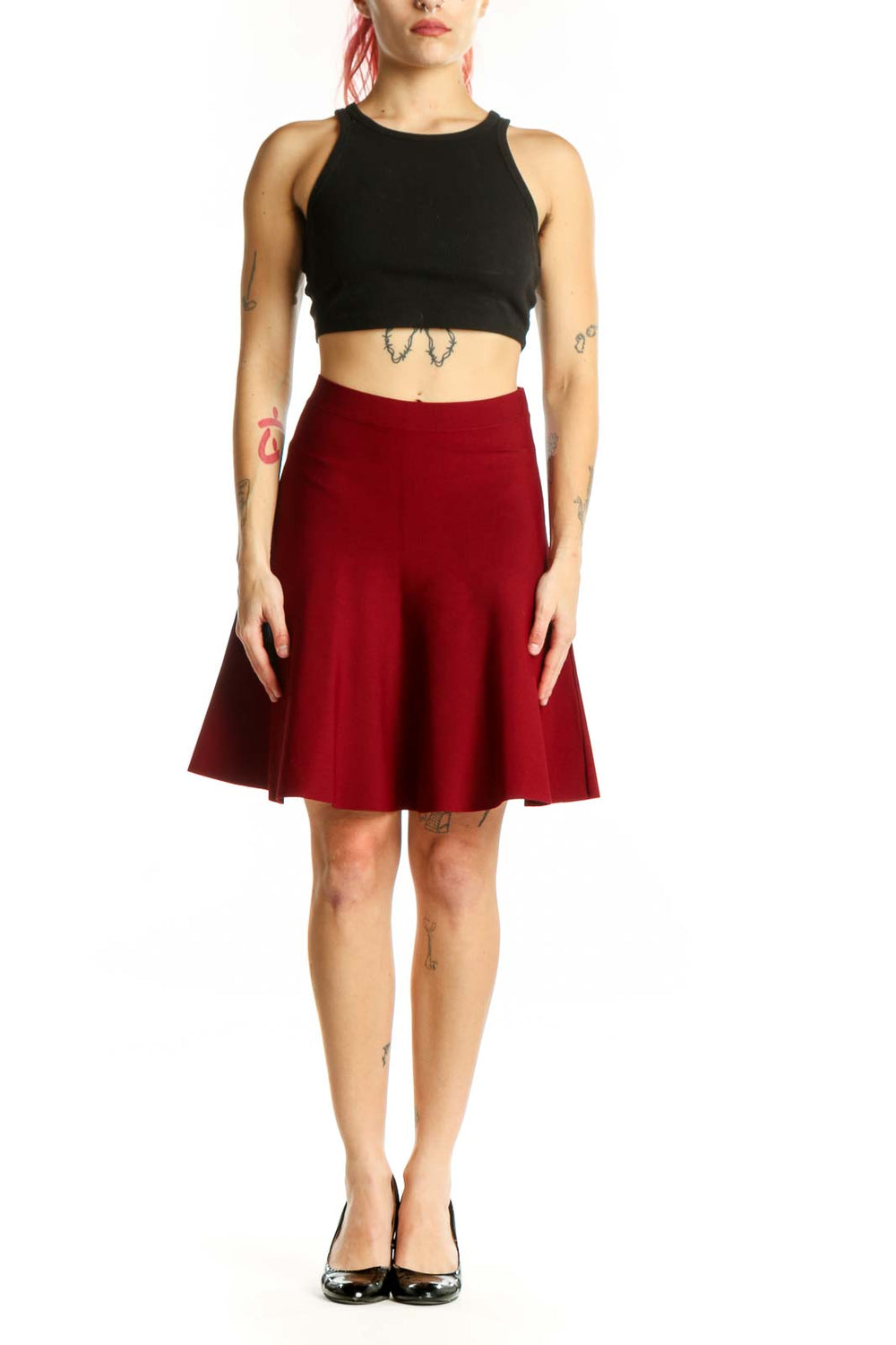 Burgundy A-line flare skirt by BCBG MaxAzria, front view showing flattering silhouette and knee-length design