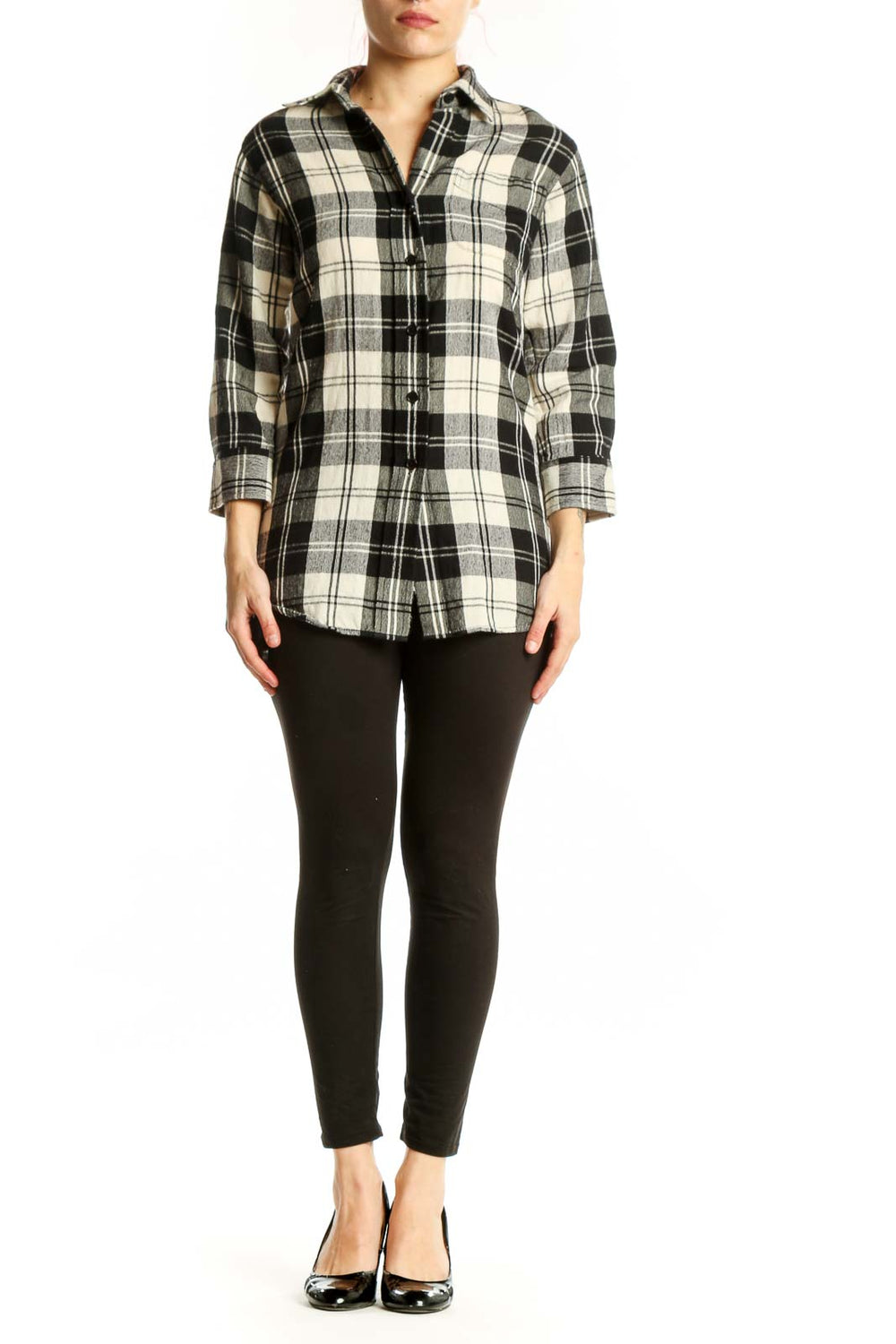 Black and white plaid button-up shirt by Theory, front view on model wearing XS size