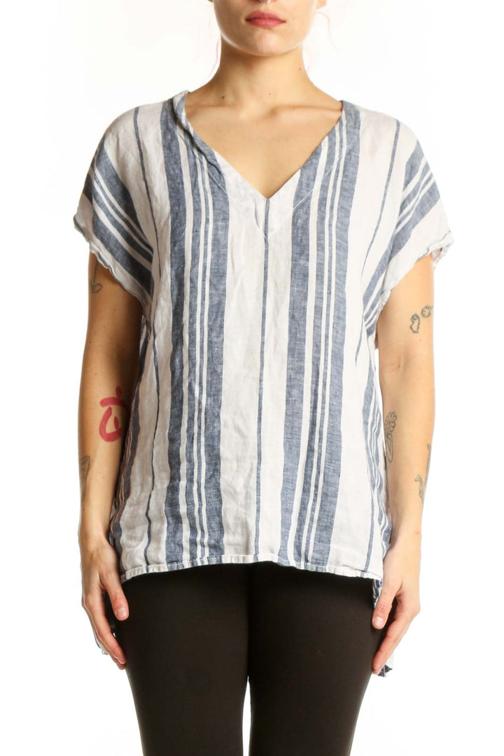 Navy and cream striped linen V-neck top with short sleeves, front view