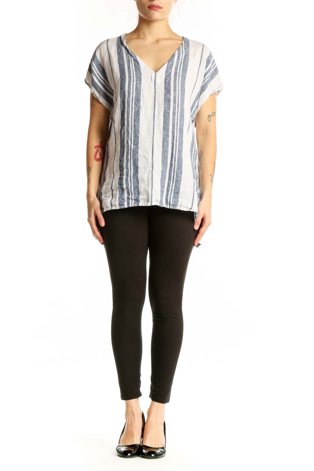 Navy and cream striped linen V-neck top with short sleeves, front view
