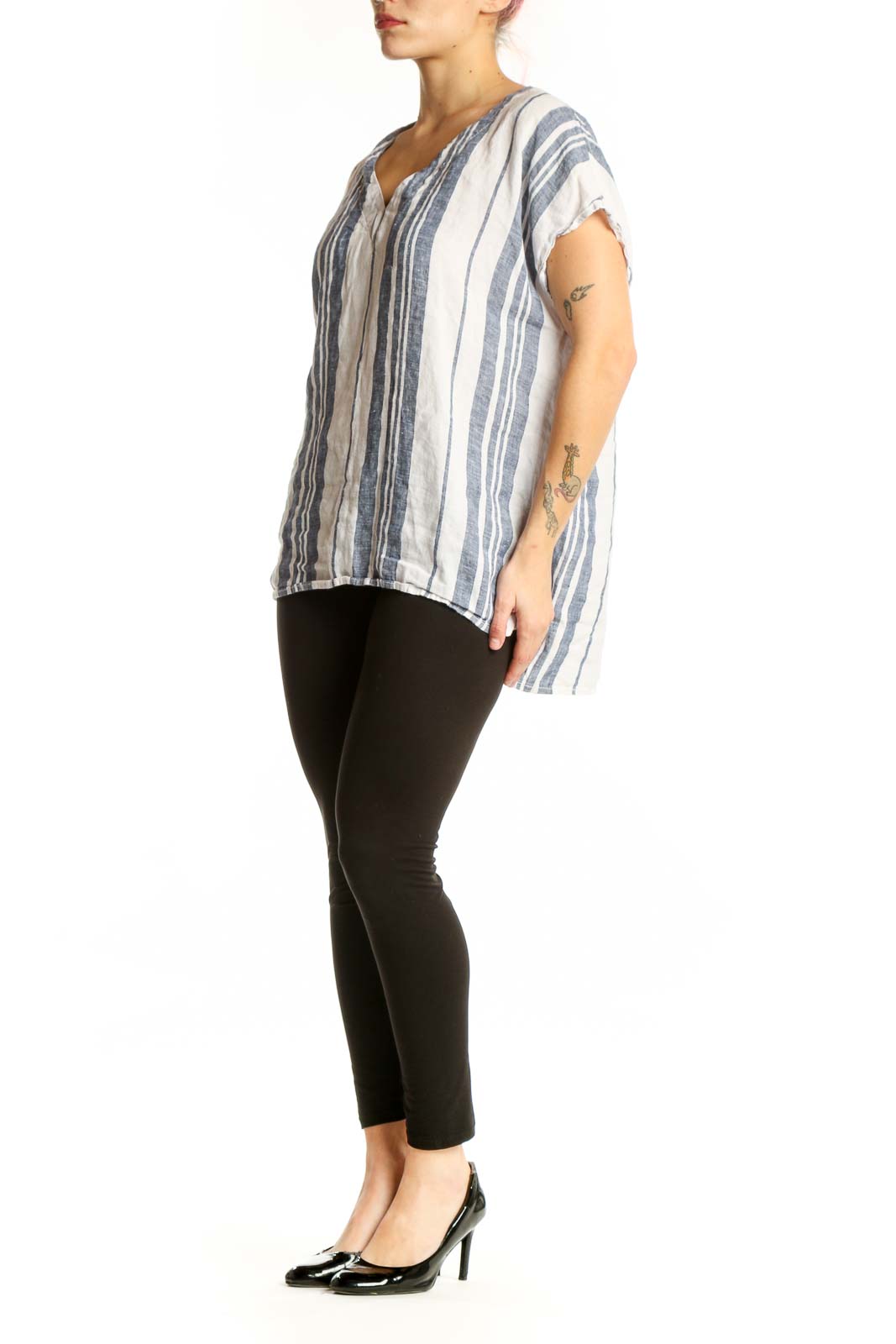 Navy and cream striped linen V-neck top with short sleeves, front view