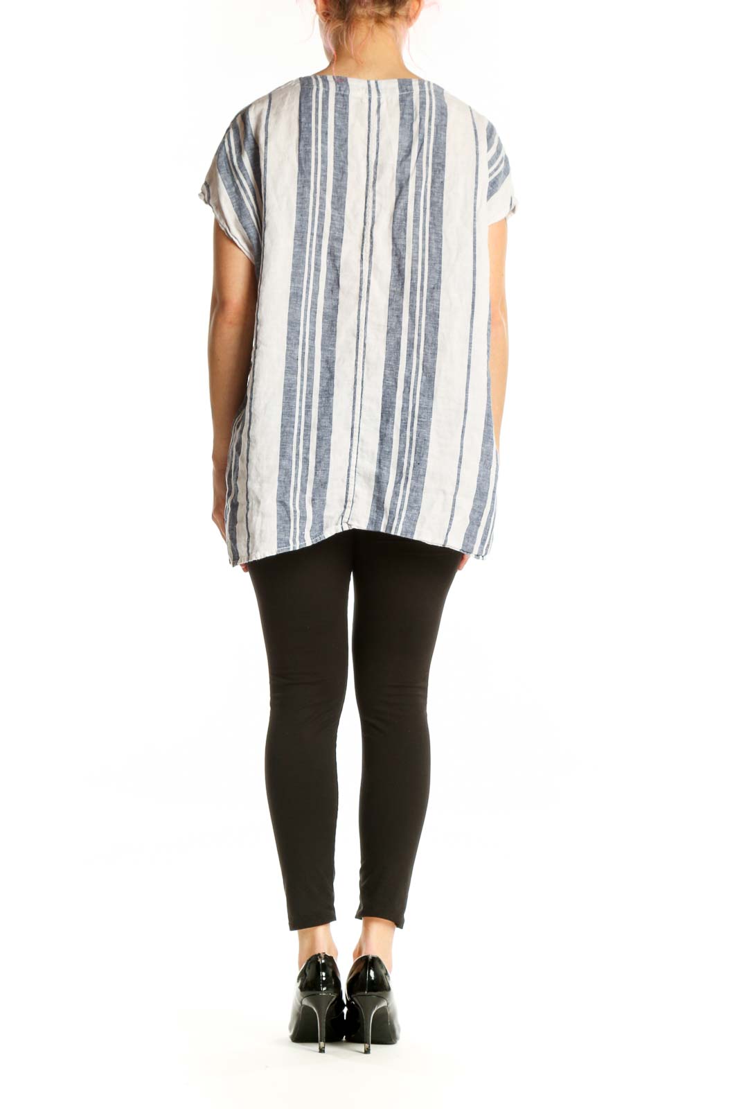 Navy and cream striped linen V-neck top with short sleeves, back view
