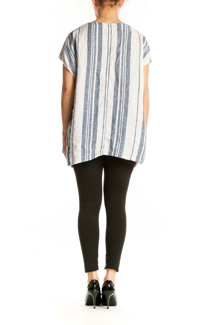 Navy and cream striped linen V-neck top with short sleeves, back view