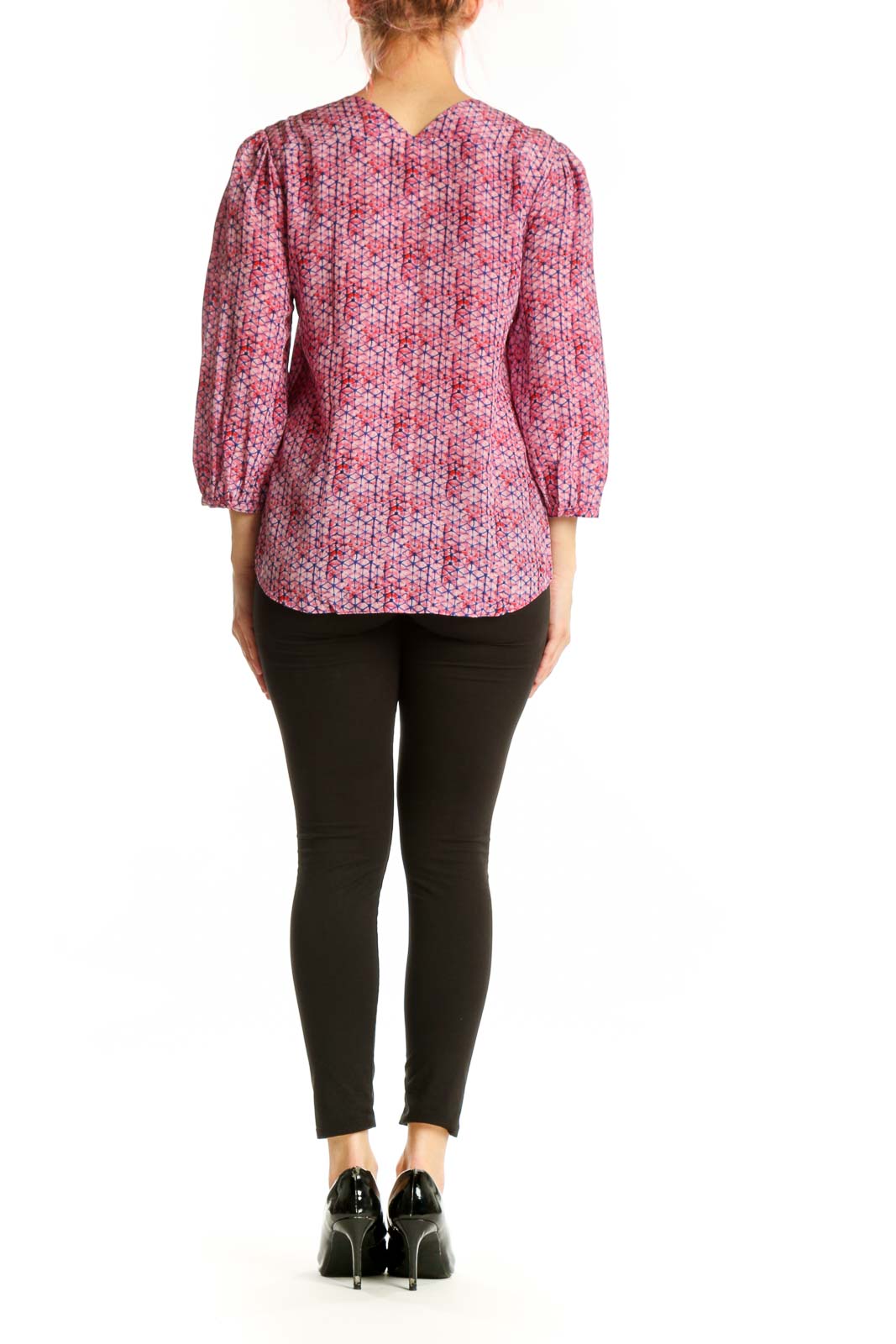 Rebecca Taylor pink geometric silk blouse with pleated detailing, back view