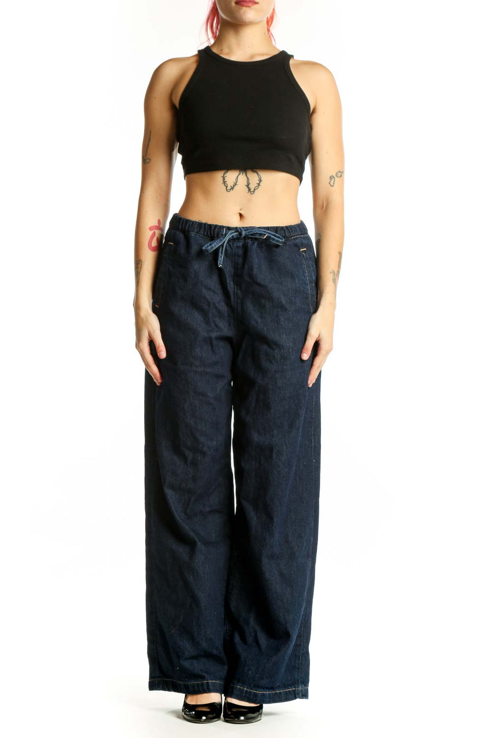 Navy wide-leg denim pants with drawstring waist, front view on model