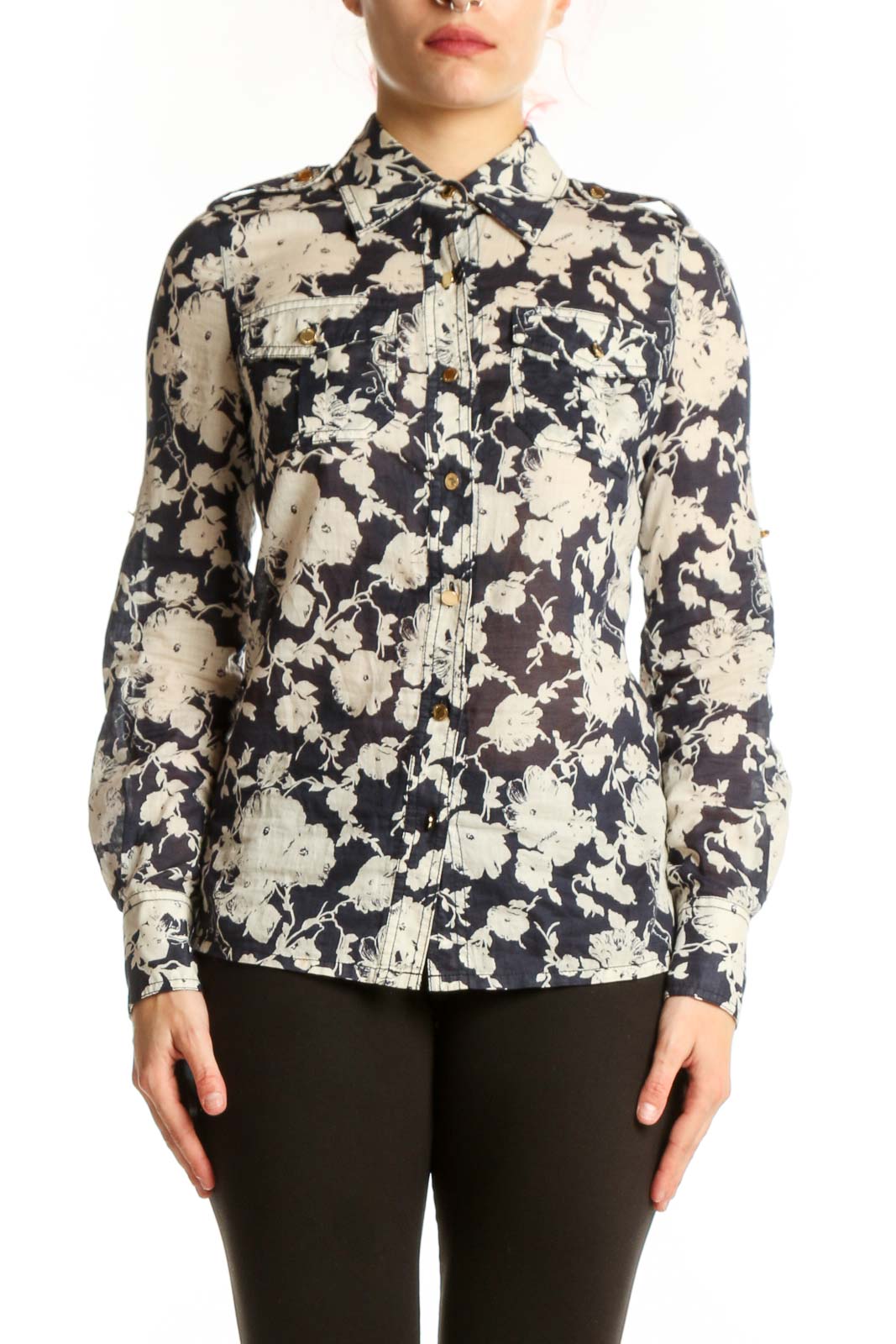 Navy and cream floral cotton button-up shirt by Tory Burch, front view on model wearing XS size