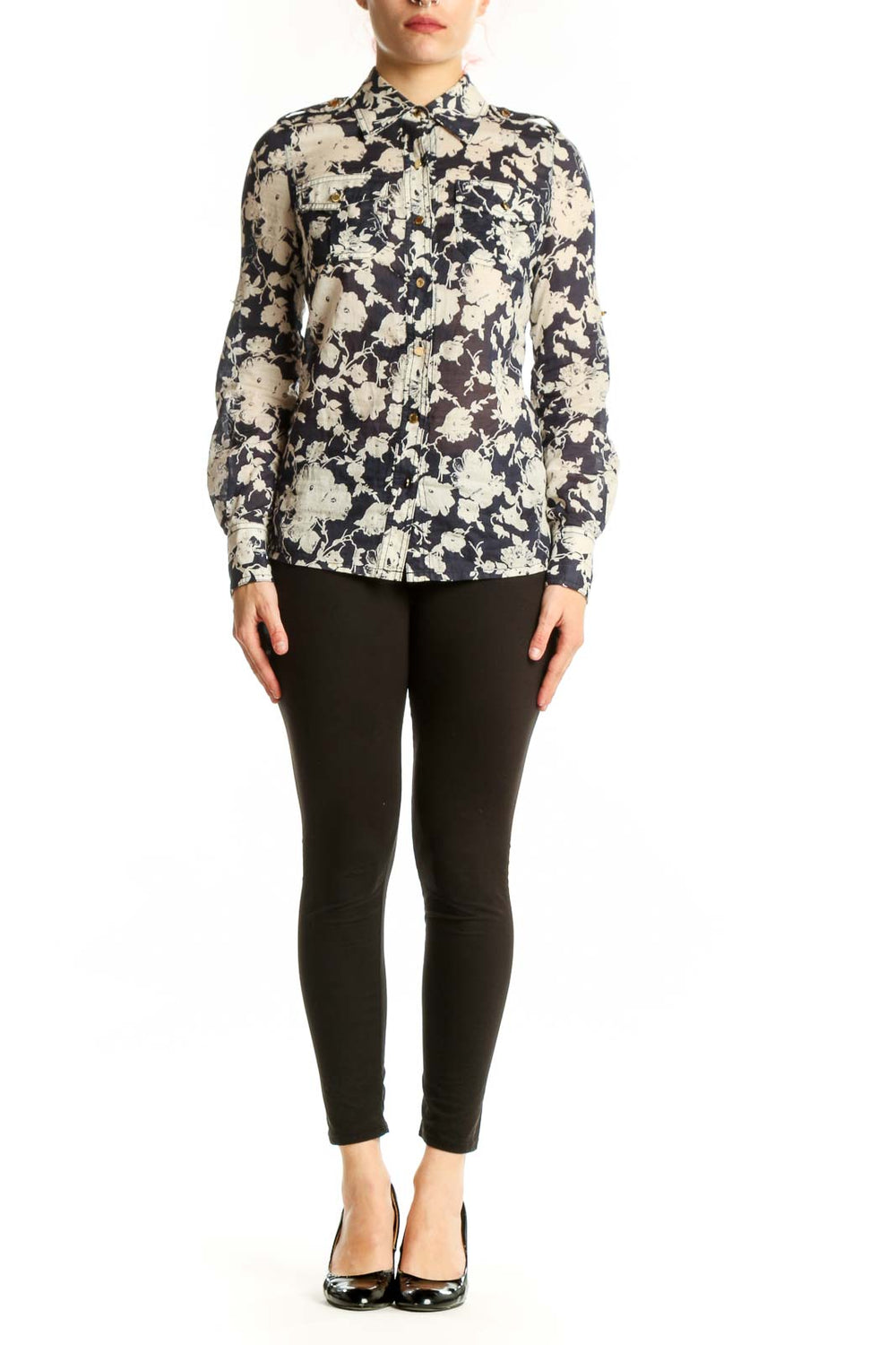 Navy and cream floral cotton button-up shirt by Tory Burch, front view on model wearing XS size