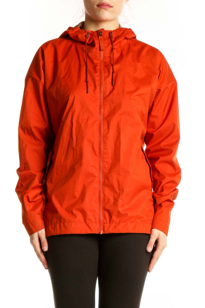 Red polyester hooded windbreaker jacket with full front zip and drawstring hood, displayed on model from front view