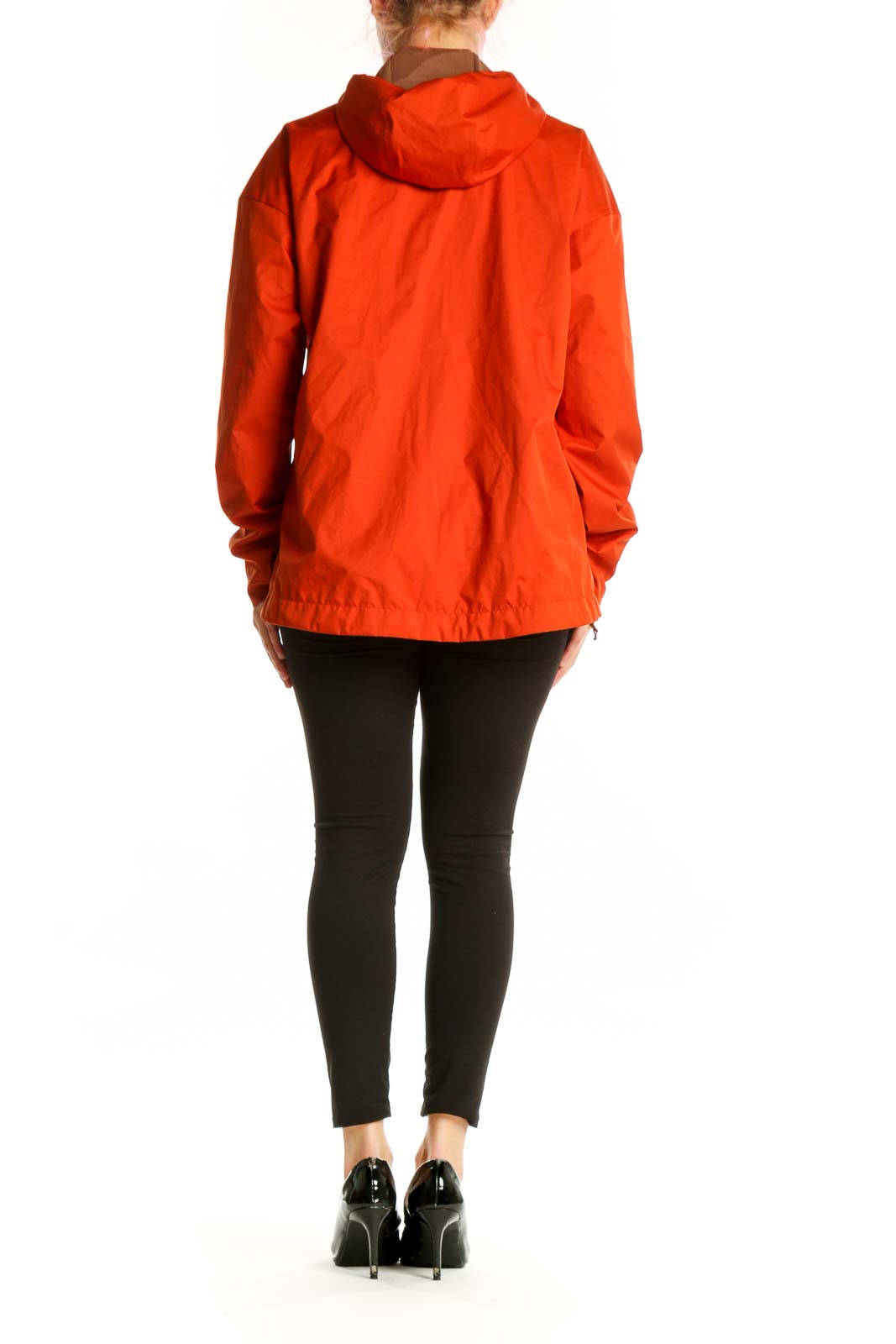 Red polyester hooded windbreaker jacket shown from back view, featuring relaxed fit and functional design for outdoor activities