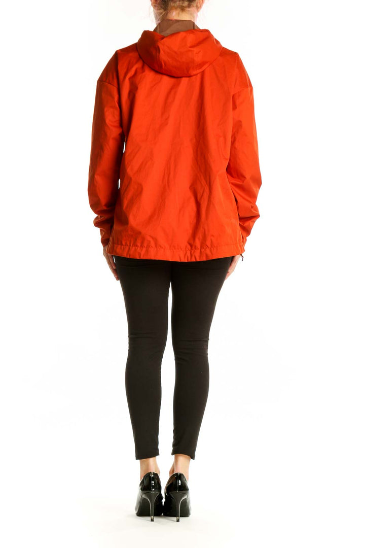 Red polyester hooded windbreaker jacket shown from back view, featuring relaxed fit and functional design for outdoor activities