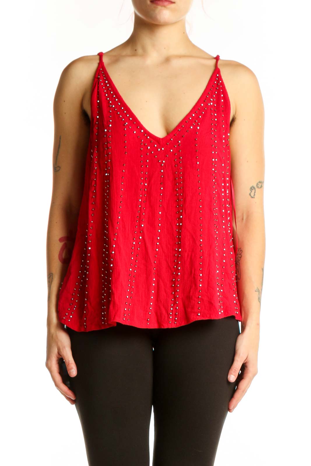 Red beaded V-neck camisole top with rhinestone embellishments by Intimately Free People