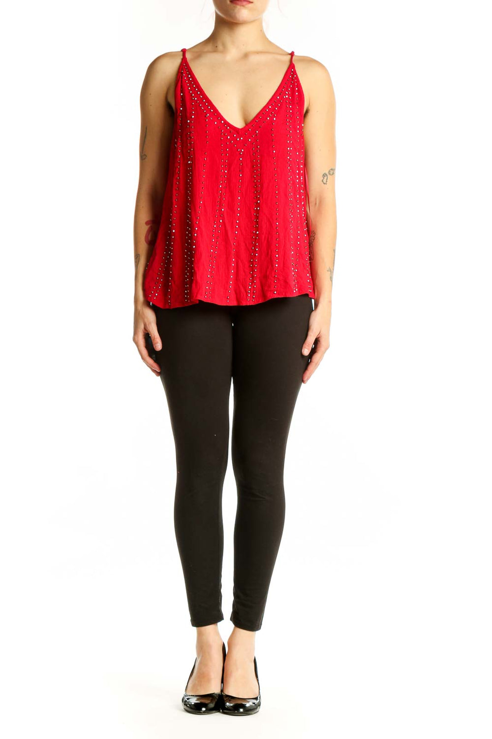 Red beaded V-neck camisole top with rhinestone embellishments by Intimately Free People
