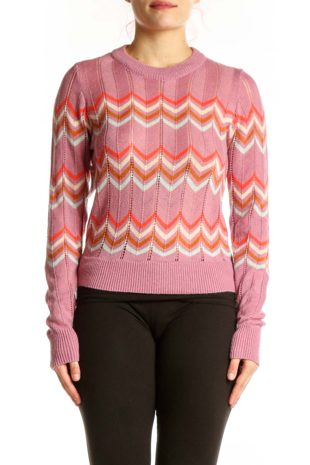 Pink chevron stripe knit pullover with coral, white, and gold geometric pattern, crew neckline, long sleeves
