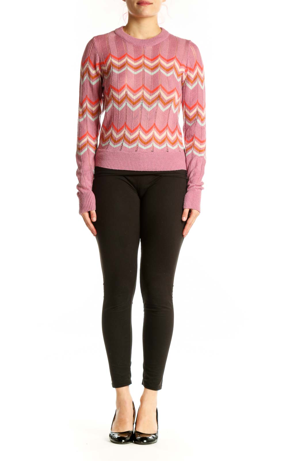 Pink chevron stripe knit pullover with coral, white, and gold geometric pattern, crew neckline, long sleeves