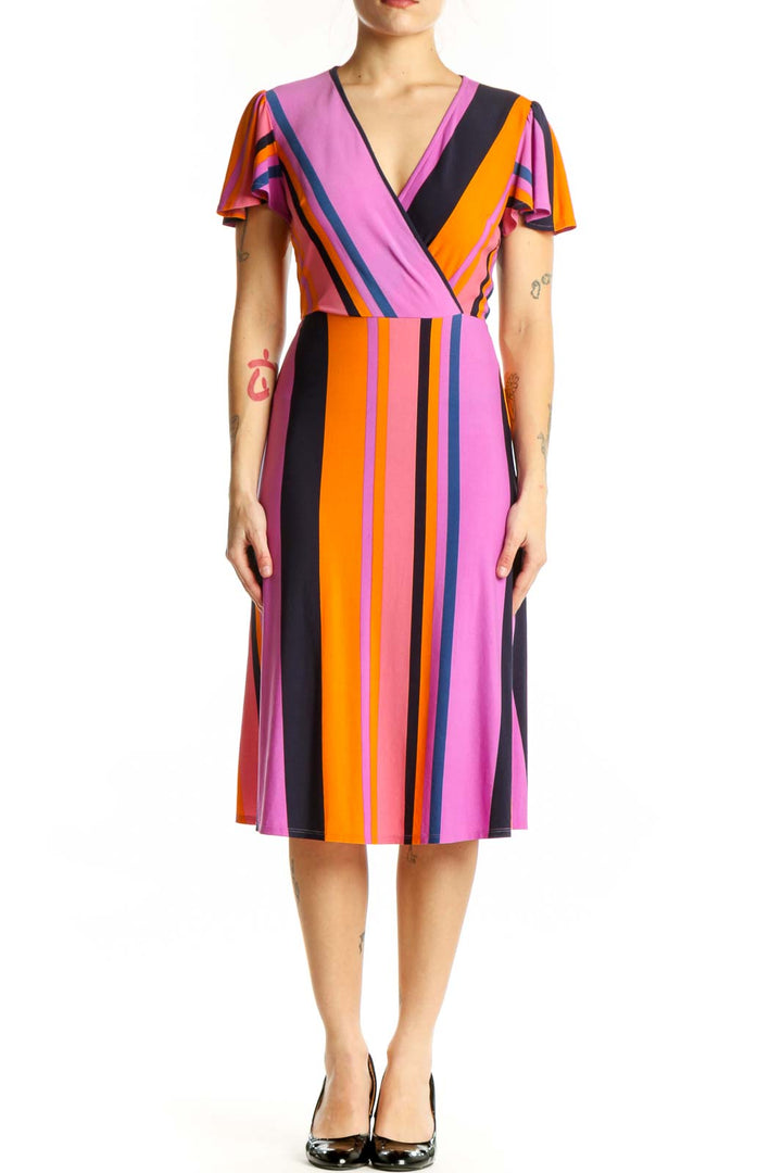 Pink and multicolor striped wrap dress with V-neckline and flutter sleeves, front view