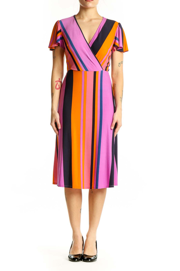 Pink and multicolor striped wrap dress with V-neckline and flutter sleeves, front view