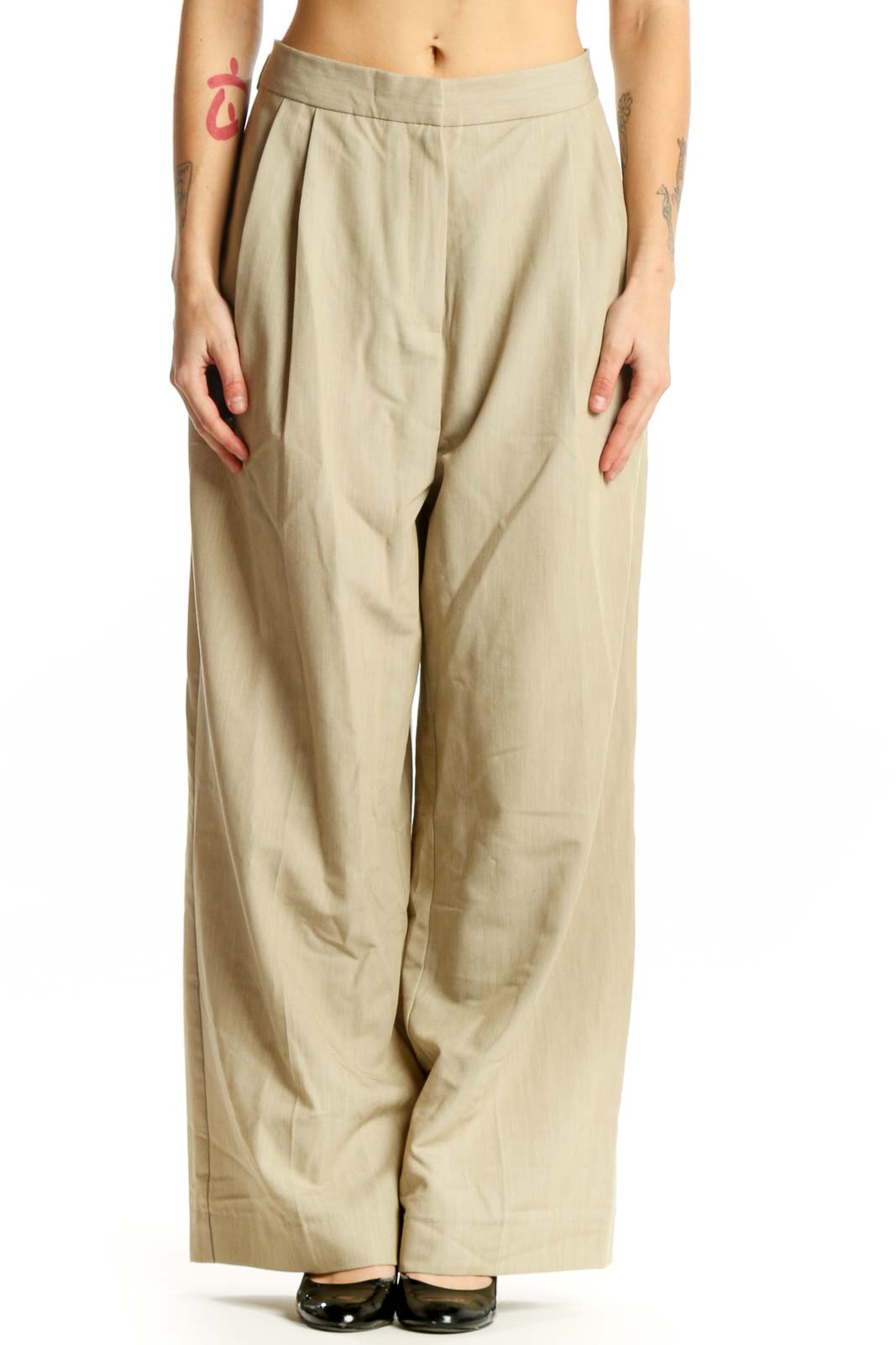 Beige pleated wide-leg suit pants front view, high-waisted design with elegant draping