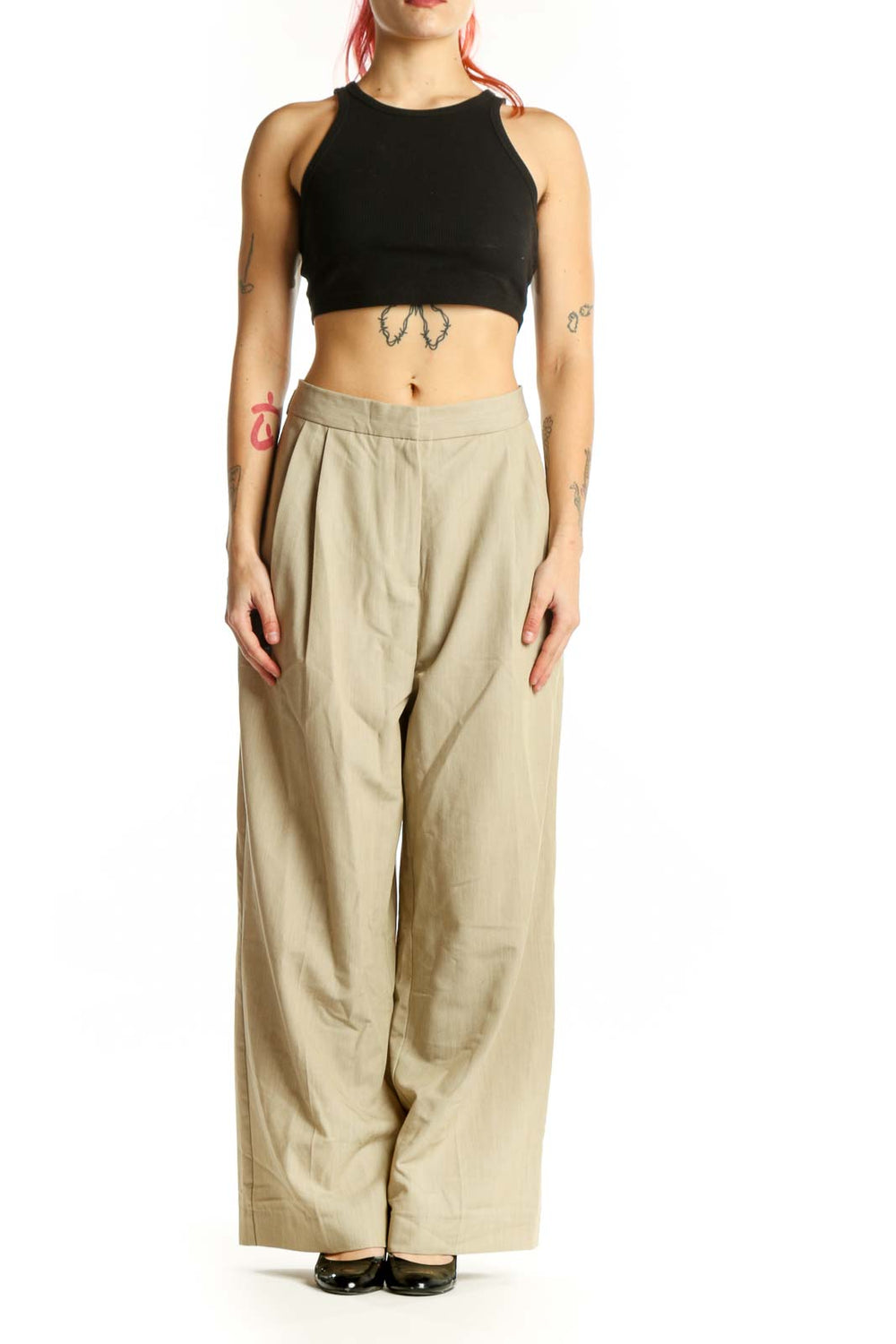 Beige pleated wide-leg suit pants front view, high-waisted design with elegant draping