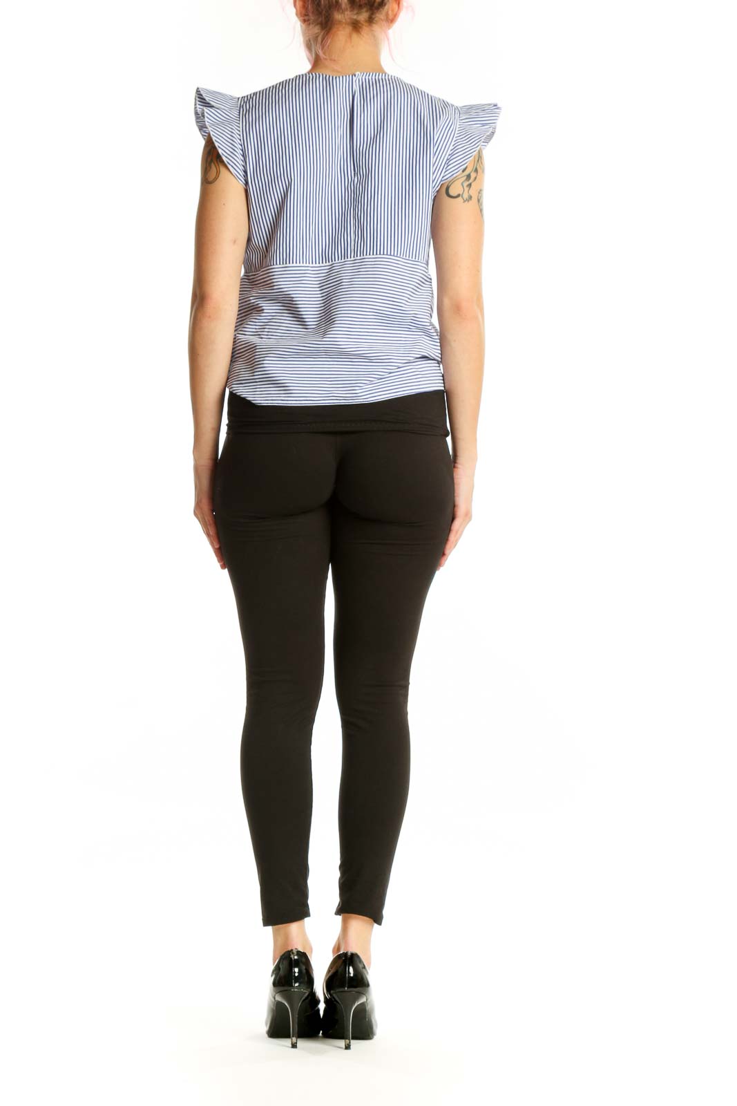 Back view of blue striped Aqua ruffle sleeve top with tie-front detail