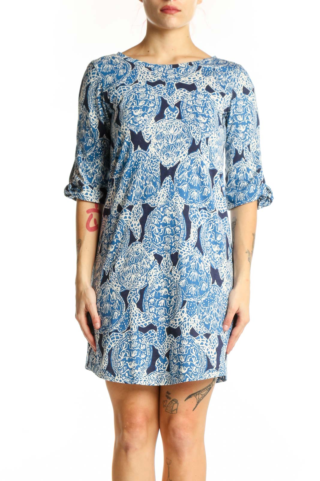 Blue abstract patterned Lilly Pulitzer shift dress with three-quarter sleeves, front view