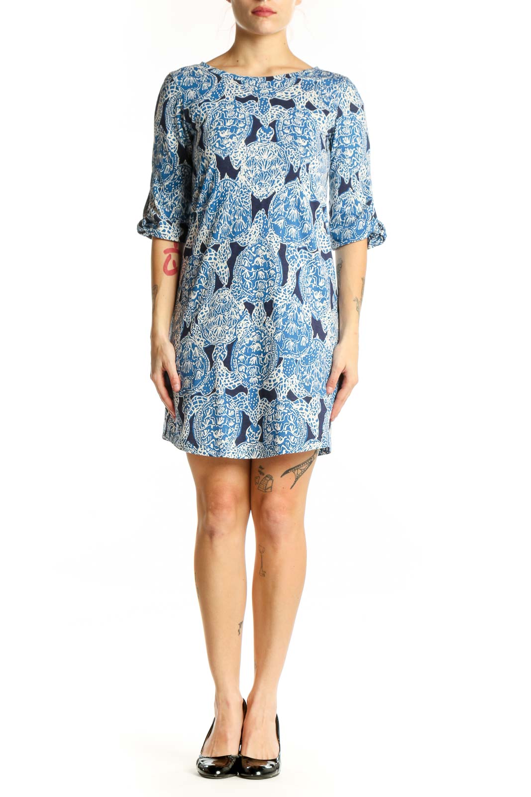 Blue abstract patterned Lilly Pulitzer shift dress with three-quarter sleeves, front view