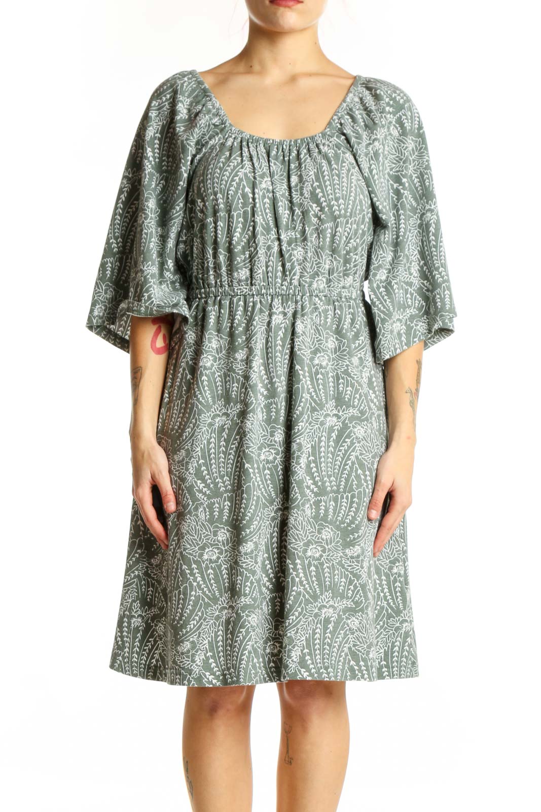 Green paisley print midi dress with flutter sleeves and gathered neckline, front view