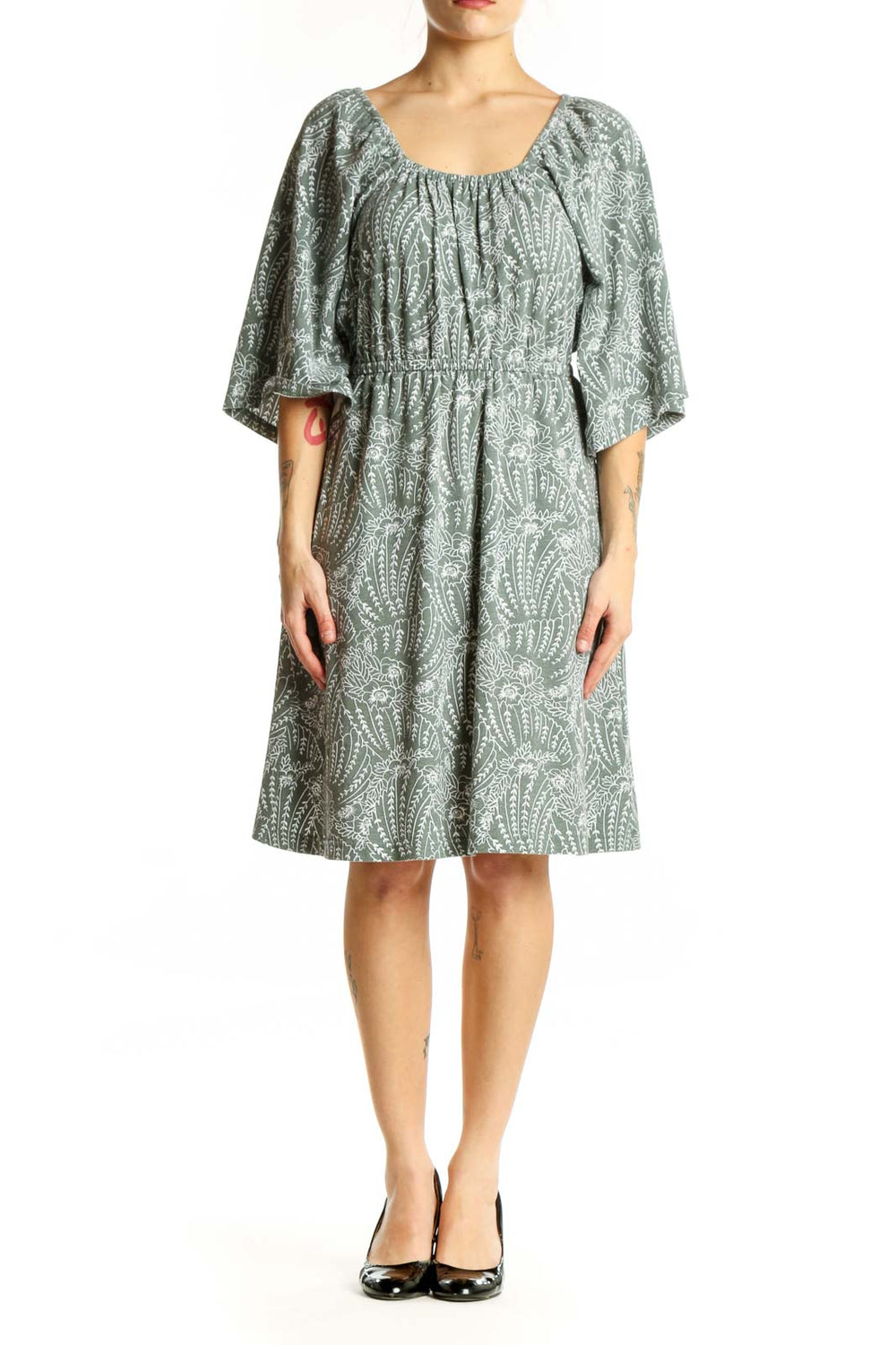 Green paisley print midi dress with flutter sleeves and gathered neckline, front view