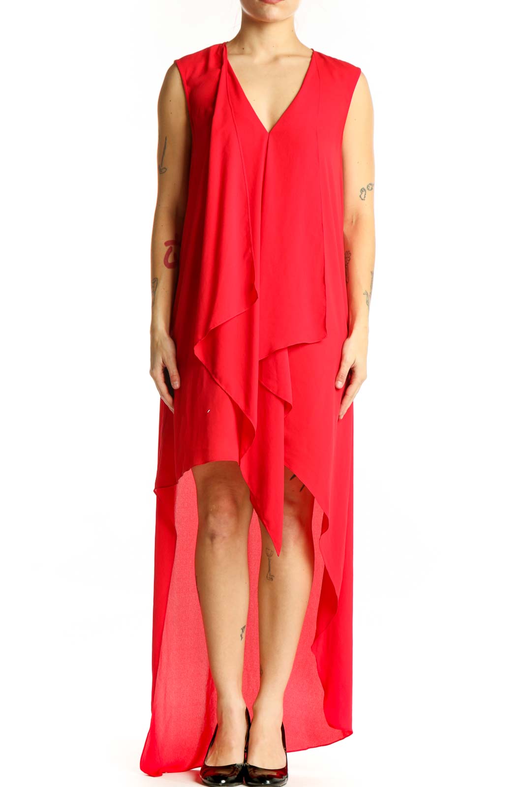 Red asymmetrical ruffle sleeveless dress with V-neckline and high-low hemline by BCBG MaxAzria