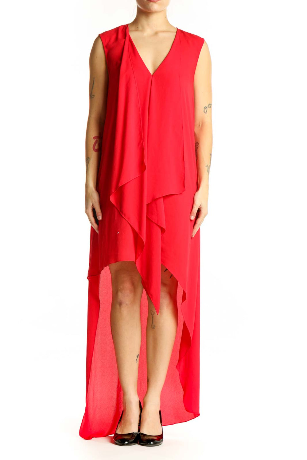 Red asymmetrical ruffle sleeveless dress with V-neckline and high-low hemline by BCBG MaxAzria