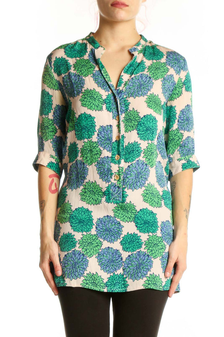 Green and blue floral silk tunic top with button-up front and three-quarter sleeves