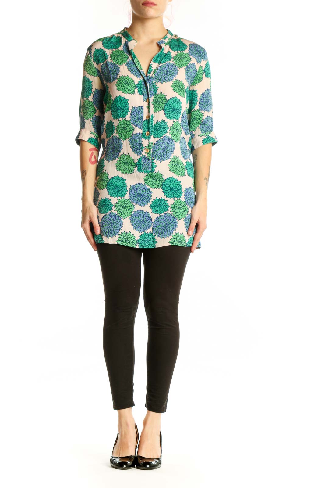 Green and blue floral silk tunic top with button-up front and three-quarter sleeves