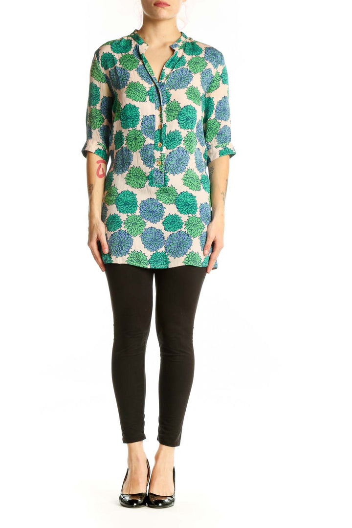 Green and blue floral silk tunic top with button-up front and three-quarter sleeves