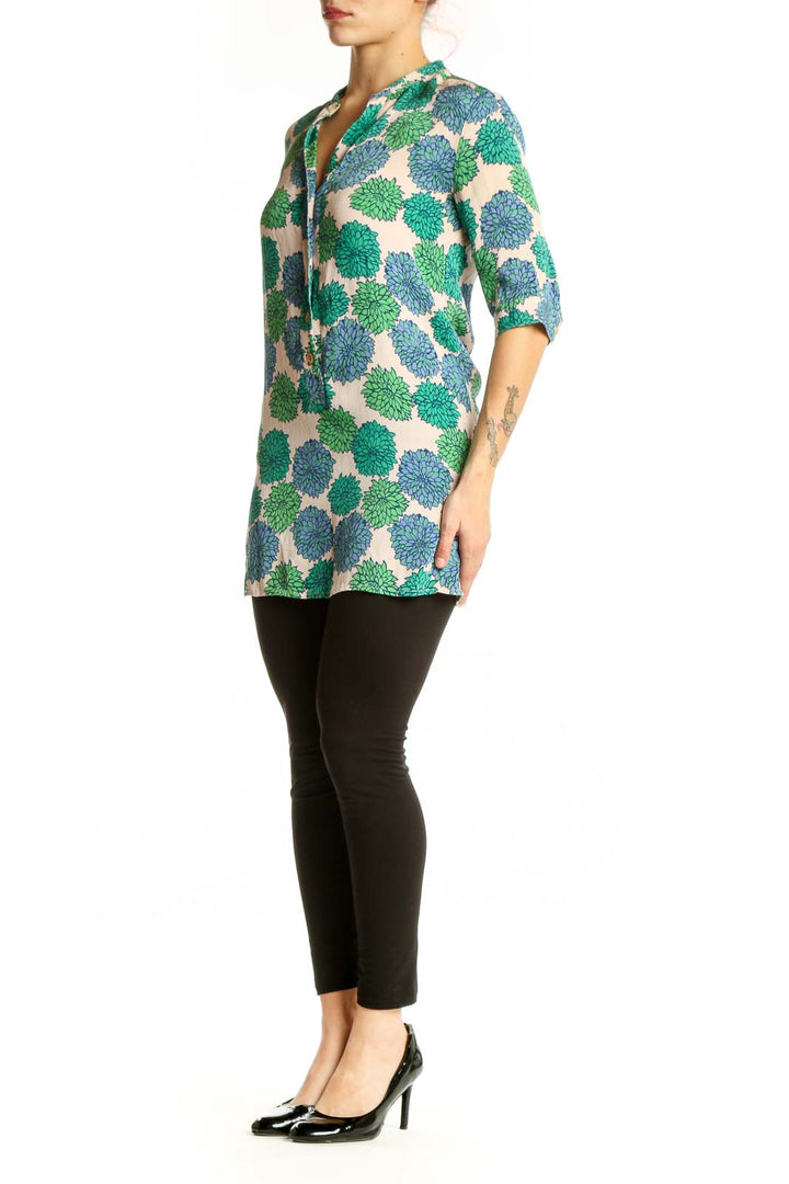 Green and blue floral silk tunic top with button-up front and three-quarter sleeves