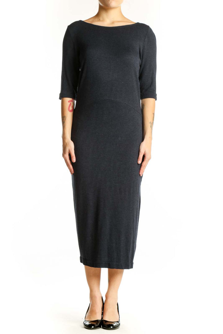 Black rayon midi dress with boat neckline and three-quarter sleeves, front view