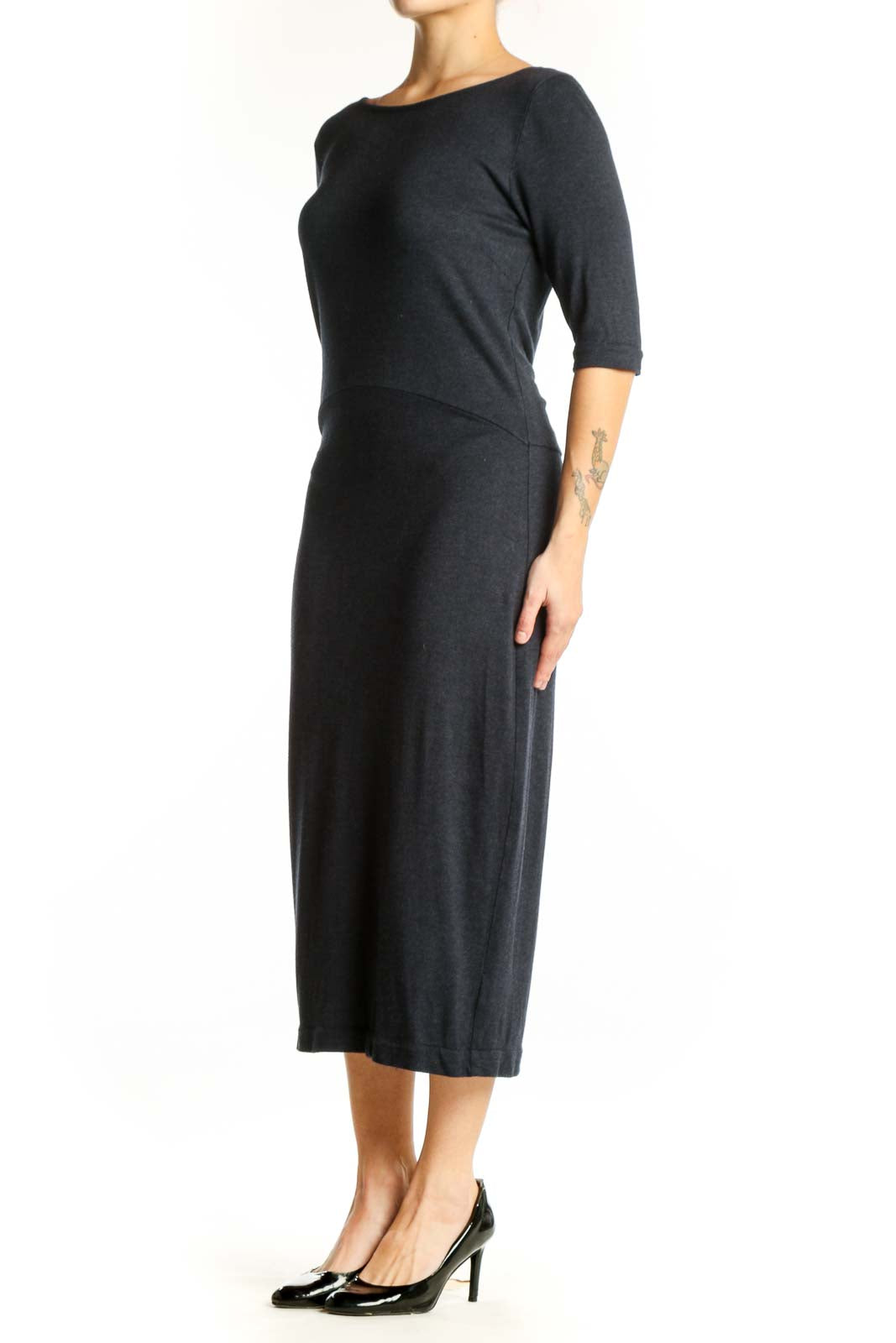 Black rayon midi dress with boat neckline and three-quarter sleeves, front view
