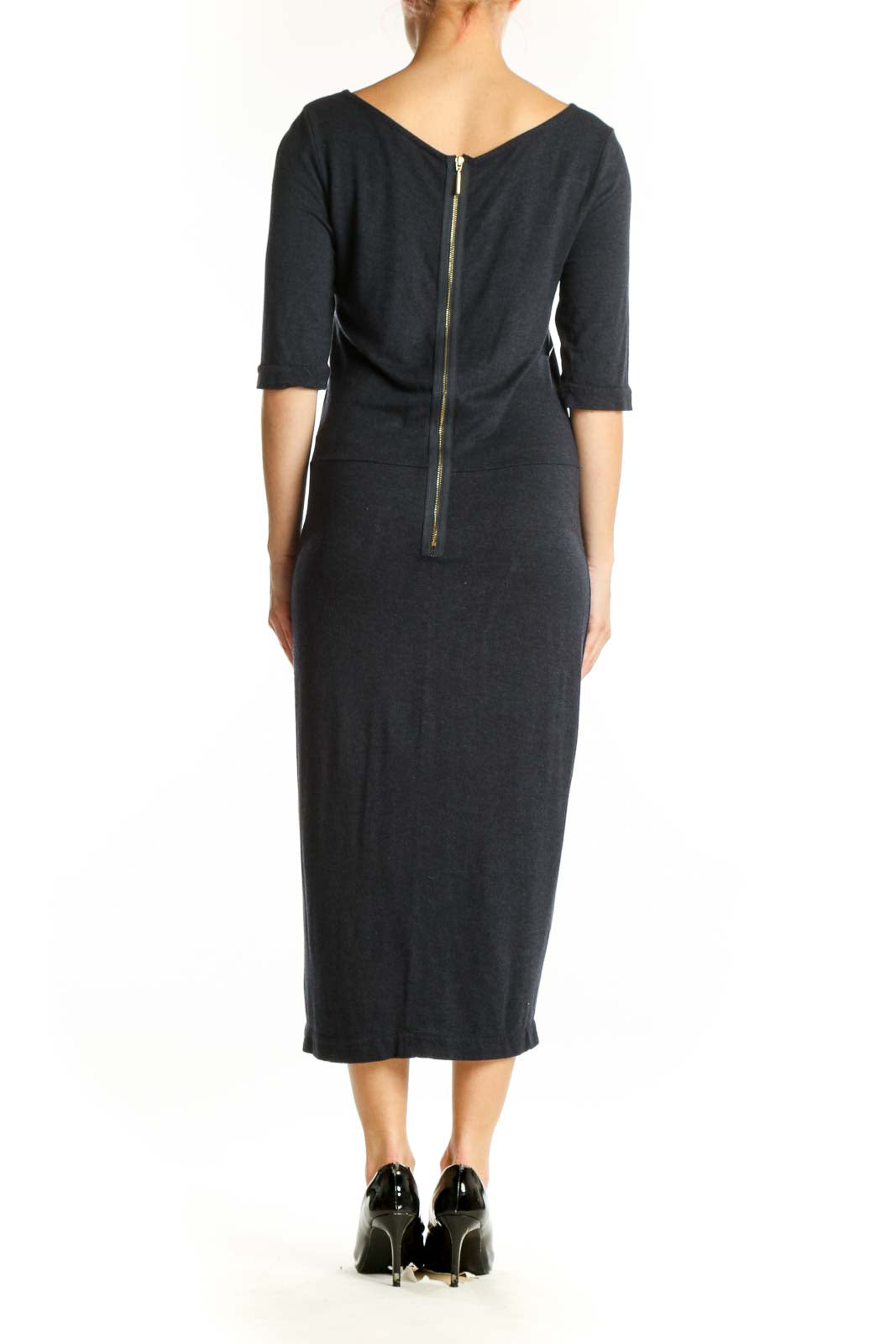 Black rayon midi dress with boat neckline and three-quarter sleeves, back view