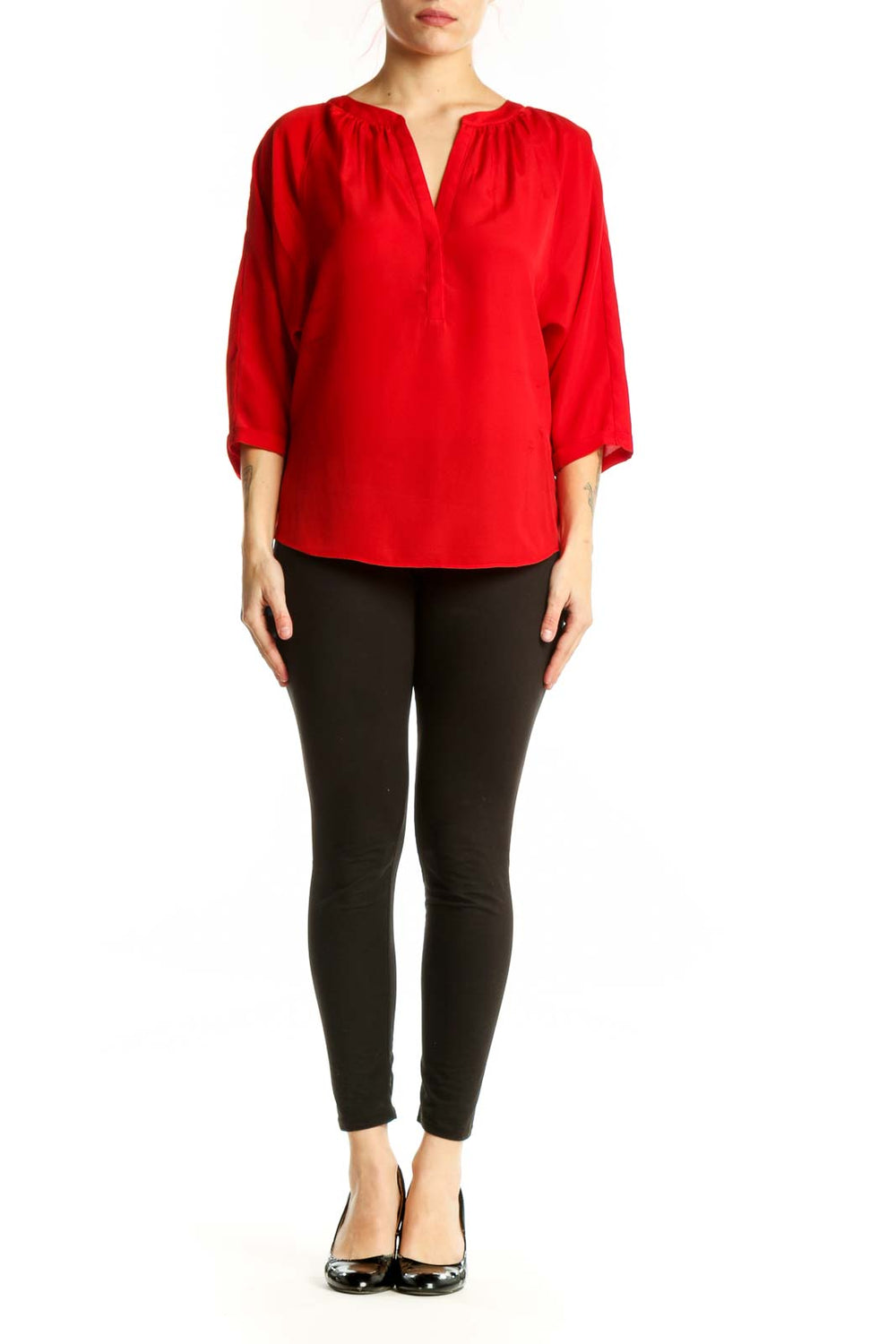 Red polyester henley blouse with V-neckline and three-quarter sleeves, front view