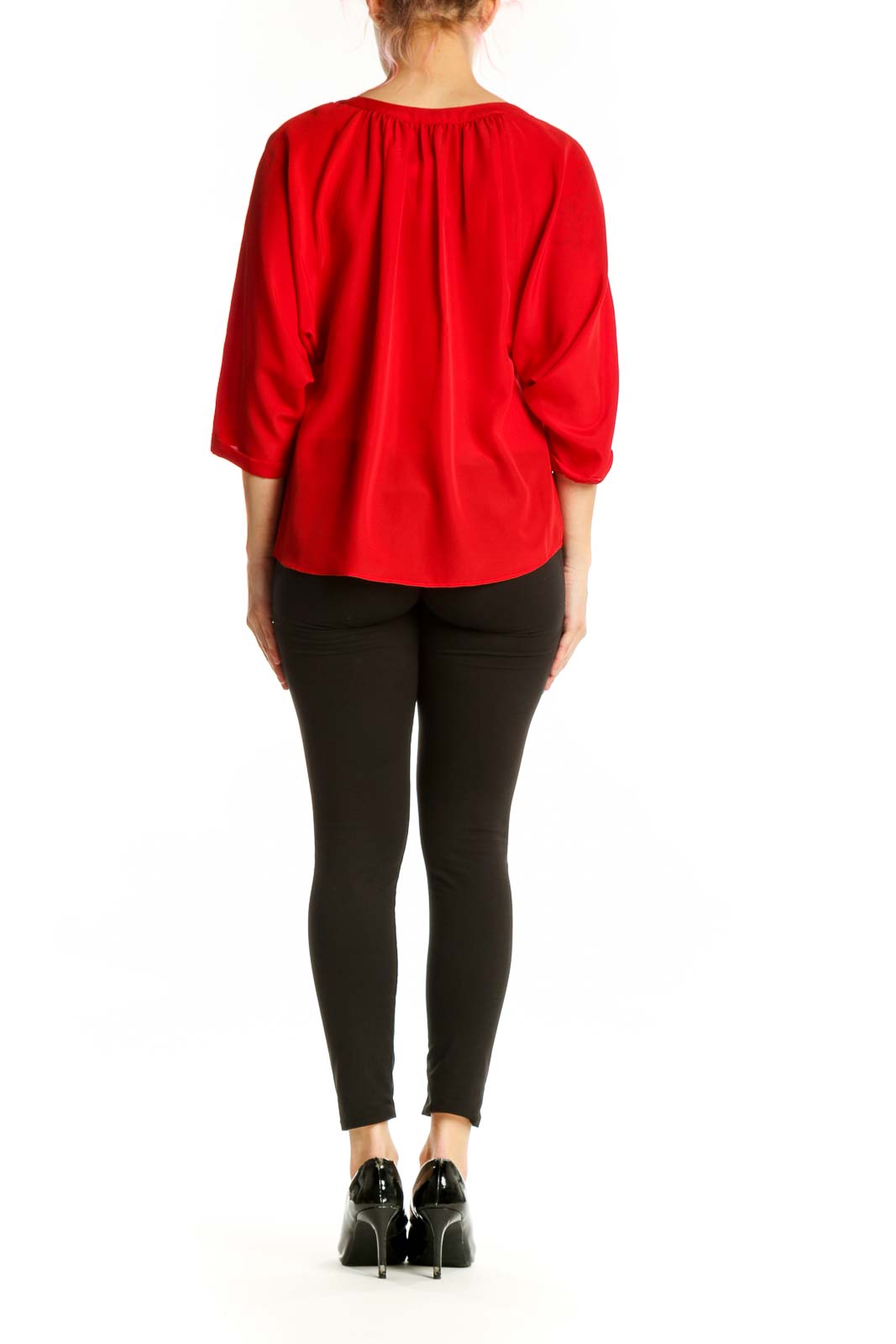 Red polyester henley blouse with three-quarter sleeves, back view
